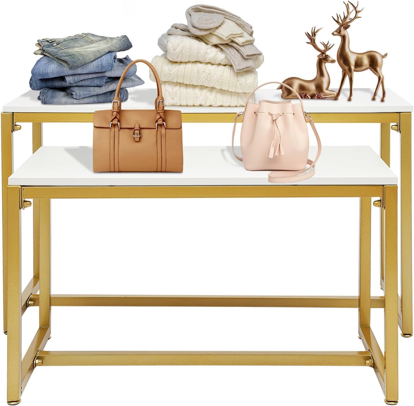 Display Risers Set - 2-Piece Set Gold Modern Nesting Tables,