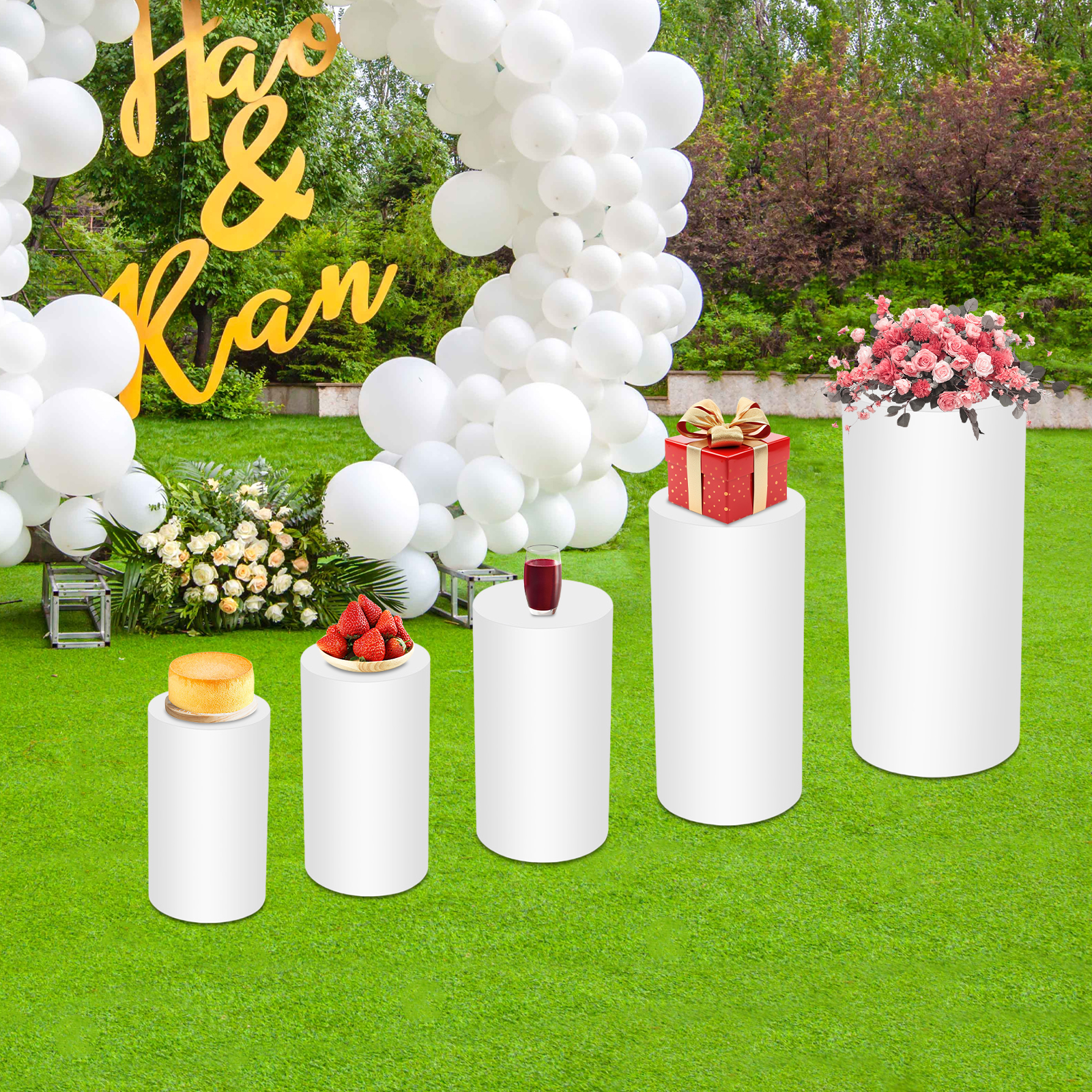 Display Risers Set - 5Pcs White Cylinder Pedestal Stands Set